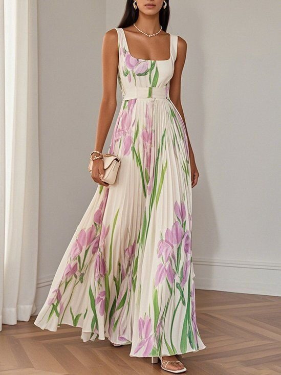 Floral Print Pleated Dress Summer A-Line Sleeveless Midi
