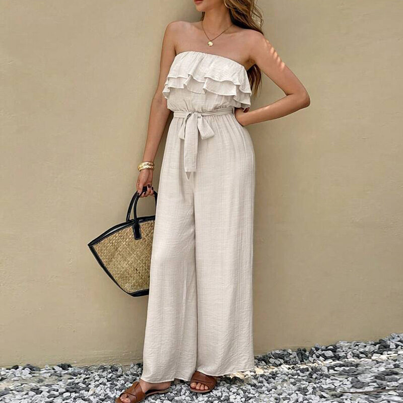 Women's Summer Sleeveless Tube Top Jumpsuit Ruffled Tied