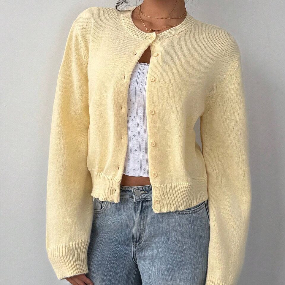 Chic Long Sleeved Knitted Cardigan Fashion Slim Solid