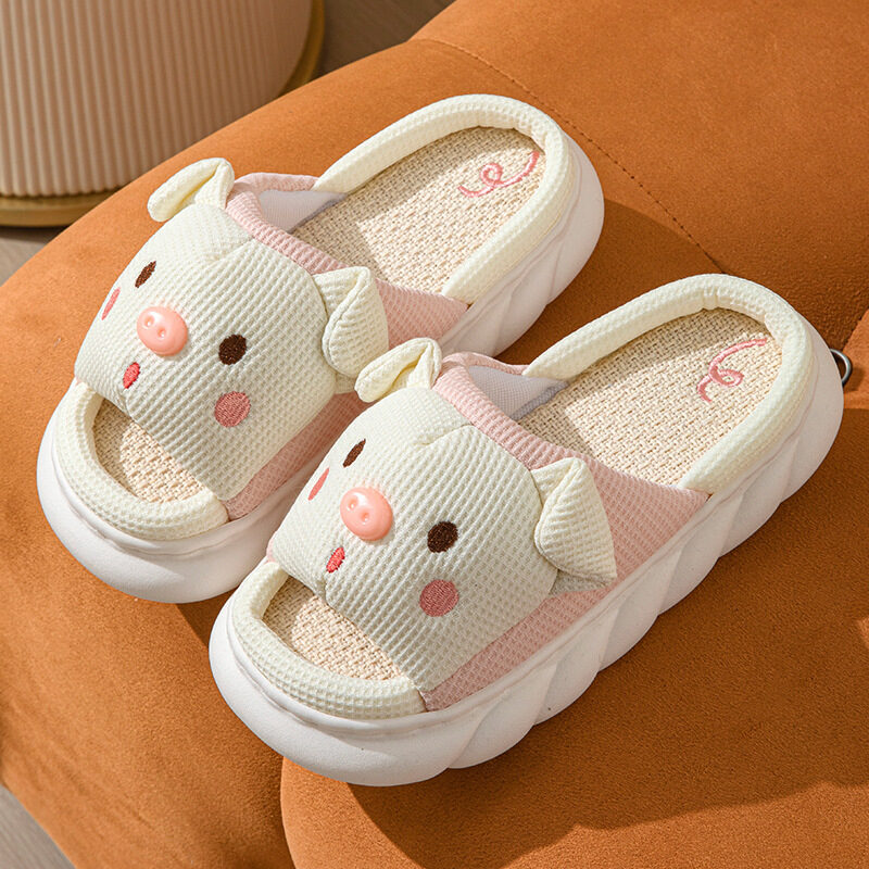 Cute Piggy Slippers Open Toe Linen Home Slipper