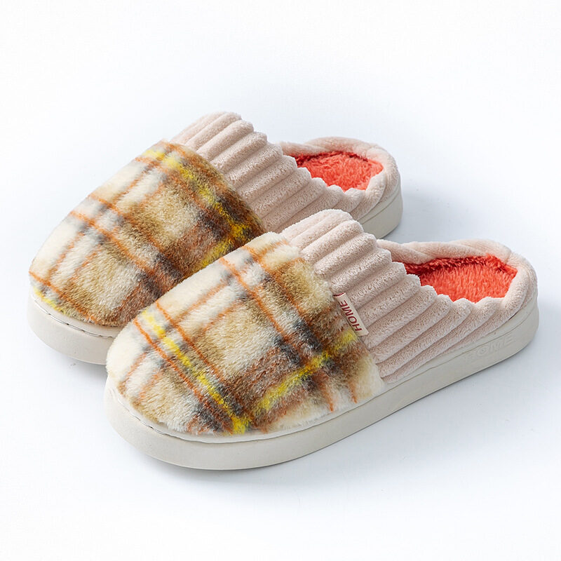 Plaid Plush Slippers Warm Soft Non-slip Bedroom Home