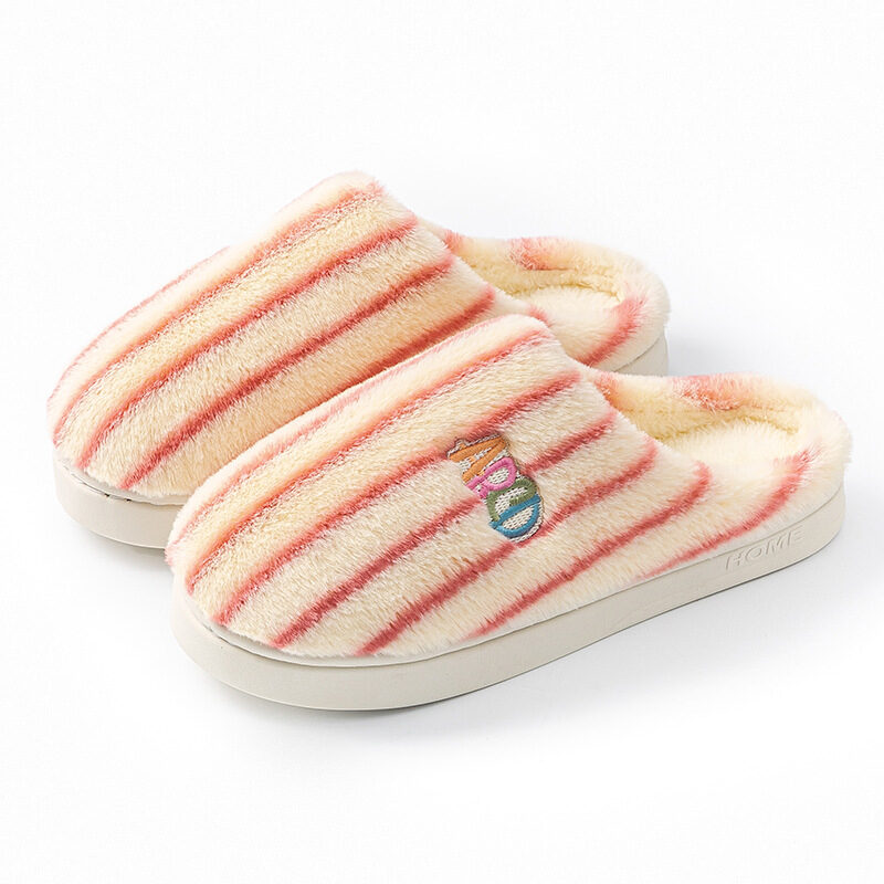 Ins Plush Striped Slippers Winter Warm Letter Embroidered