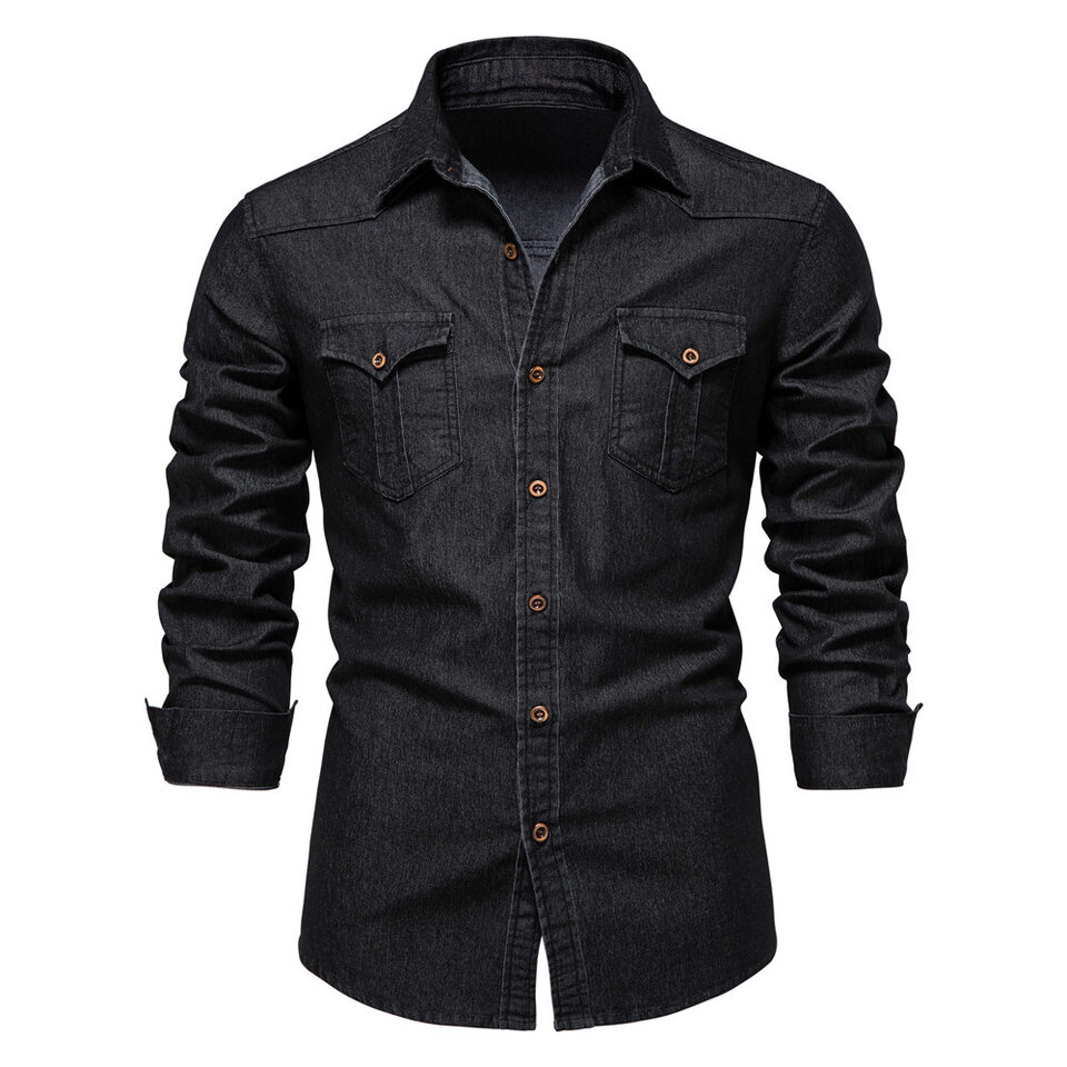 Men's Long-sleeved Denim Shirt Casual Solid Button Slim