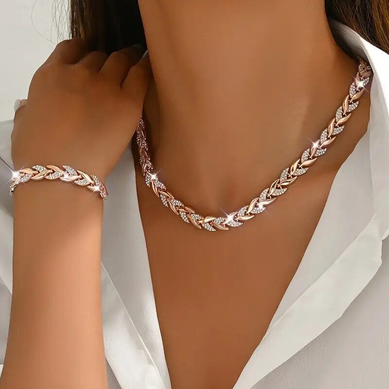 2PCS Glass Leaf Necklace Set Elegant Rhinestone Chain