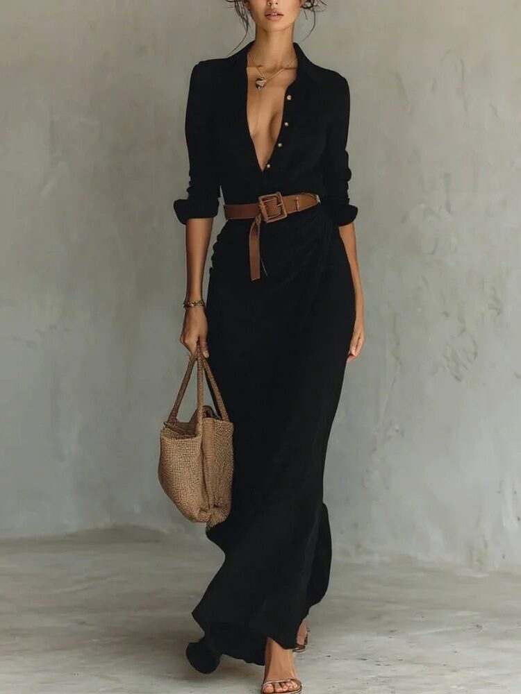 Irregular Long Dress With Belt Fashion And Elegant