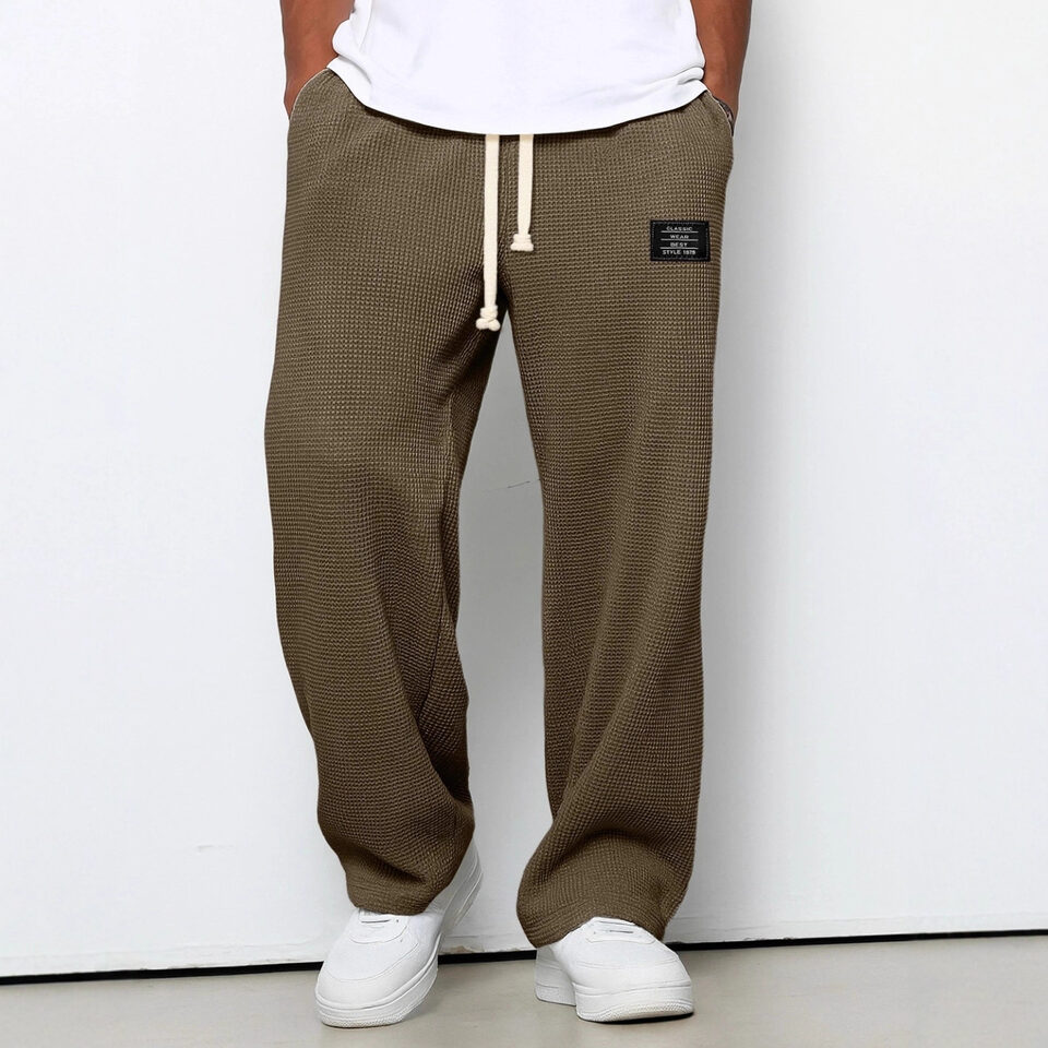 Waffle Straight Pants Fashion Brand Loose Drawstring Pockets