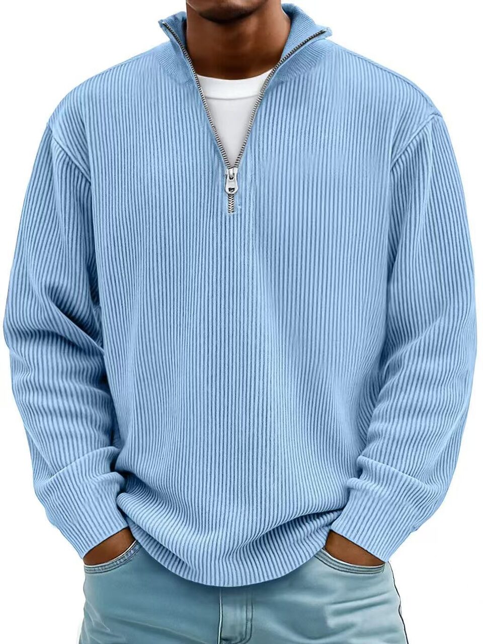 Corduroy Zipper Stand Collar Sweatshirt Fashion Warm Solid