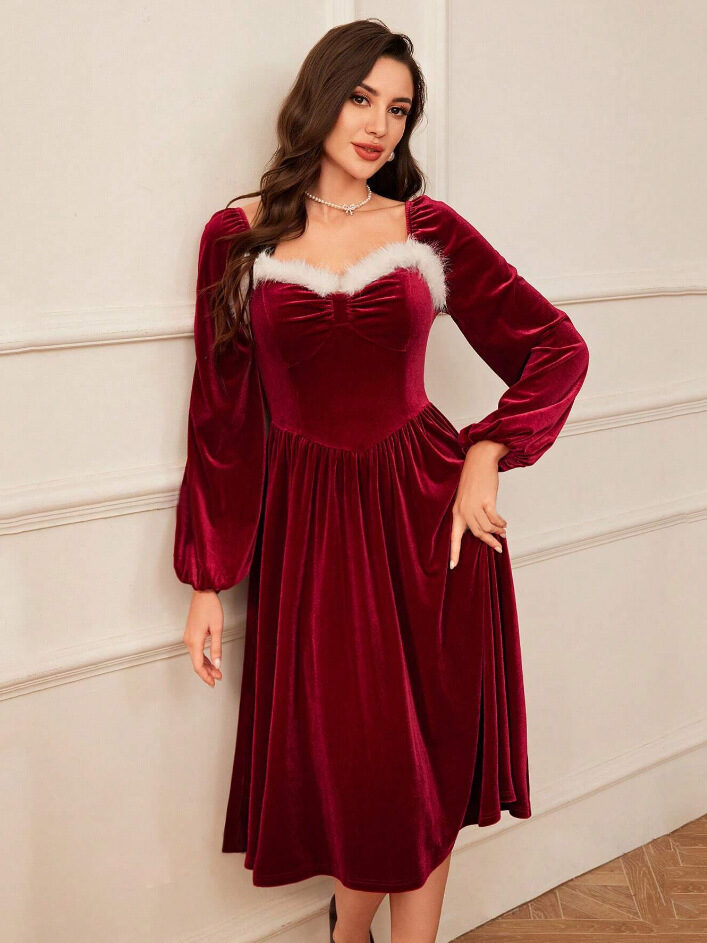 Women's Vintage Christmas Party Long Sleeve Red Velvet