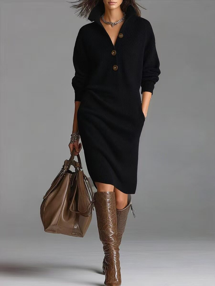 Long-sleeved Sweater Dress Fashion Warm Stand-up Collar V-neck
