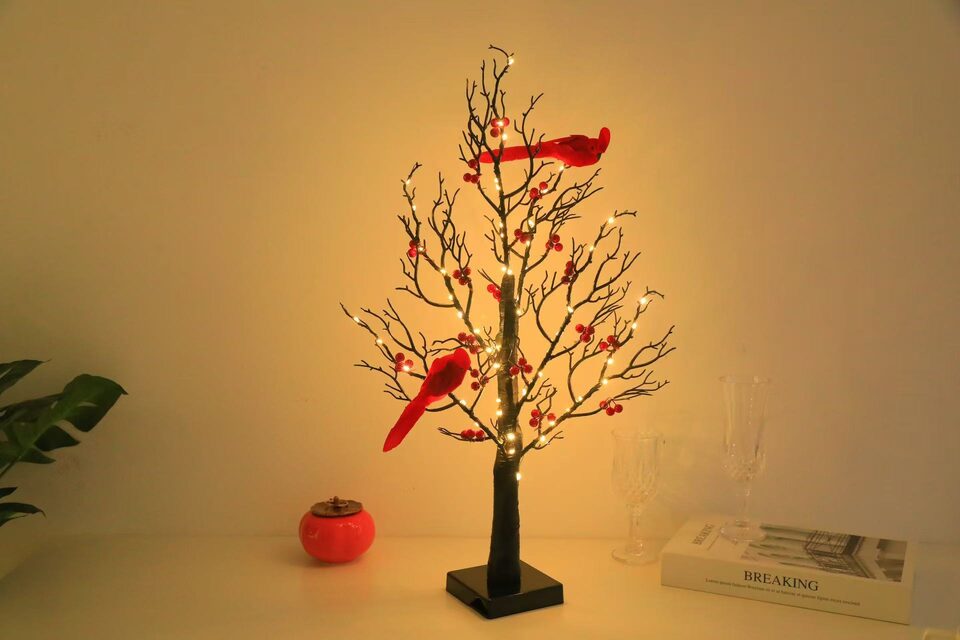 Lighted Mini Birch Tree Light LED Cardinals Christmas