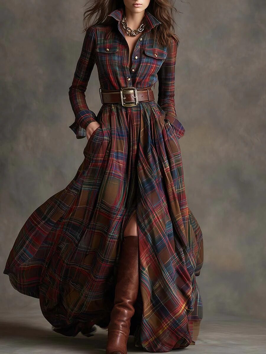 Ins Plaid Print Long-Sleeved Dress Fashion Pockets Collared