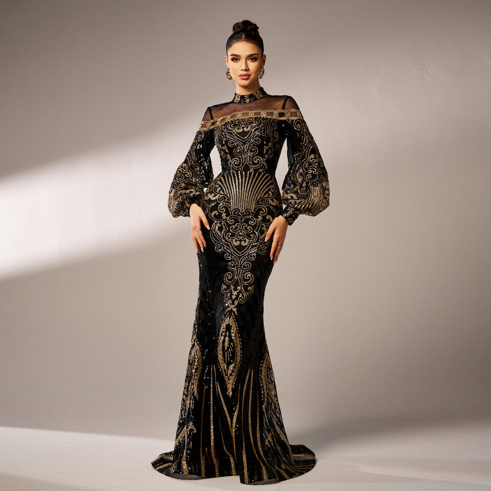 Long Sleeve Round Neck Sequins Mesh Fishtail Evening