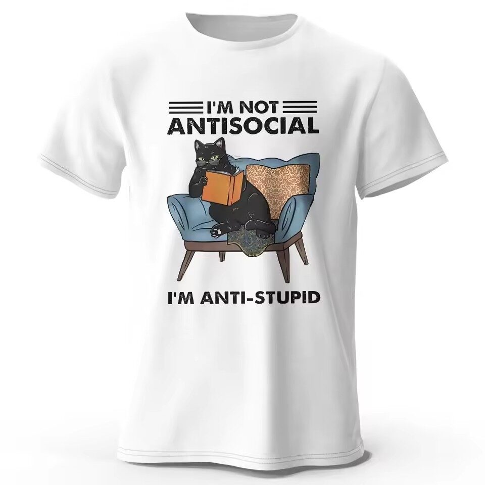 Trendy Black Cat Print Short Sleeve Slight Stretch