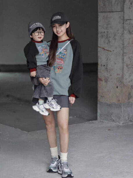 Color-block Raglan Hoodie For Parents And Kids Versatile