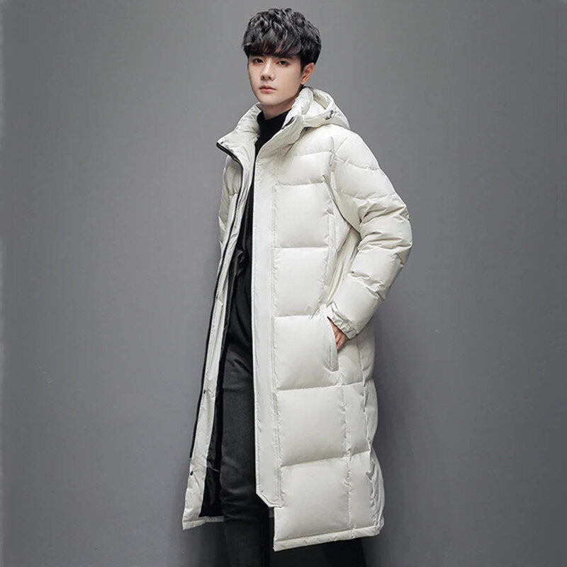 Mens Long Winter White Duck Down Hooded Coat