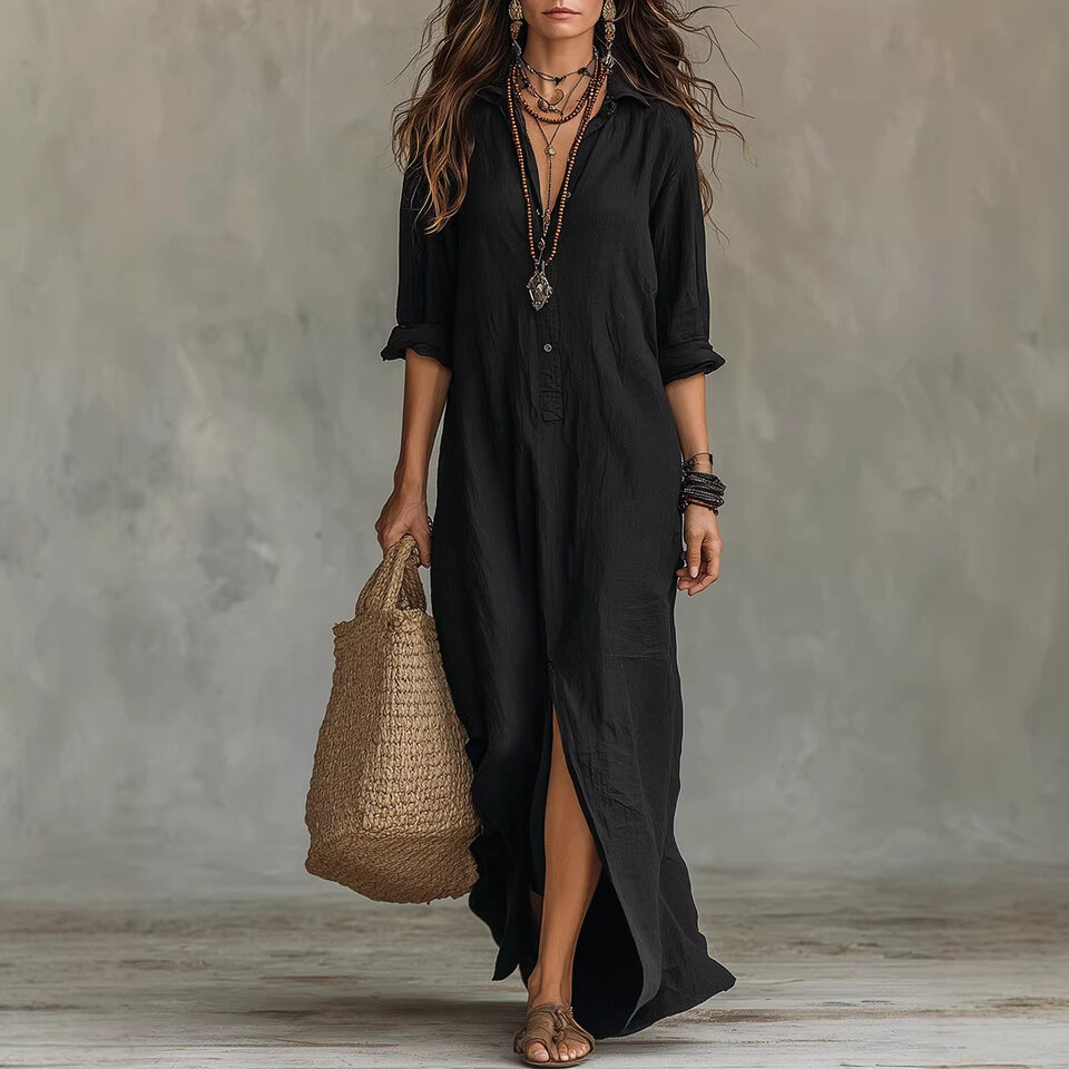 Long-sleeve Maxi Dress Casual Solid Color Lapel Collar