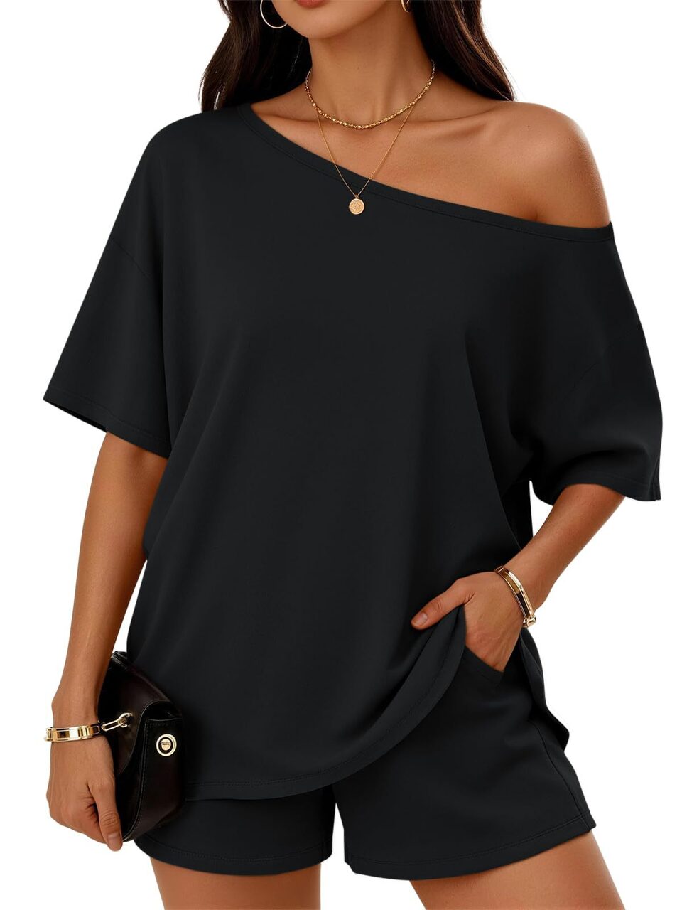 Womens 2-piece Fashionable Casual Set Slant-Neck Top