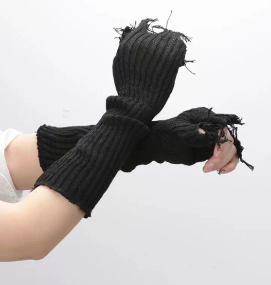 1pair Black Tattered Punk Unisex Fingerless Cuff Knit