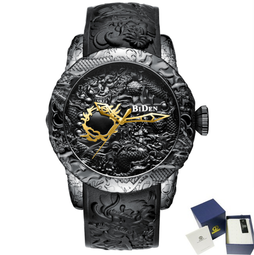 Black Men Watches Fashion 3D Engraved Dragon Relogio
