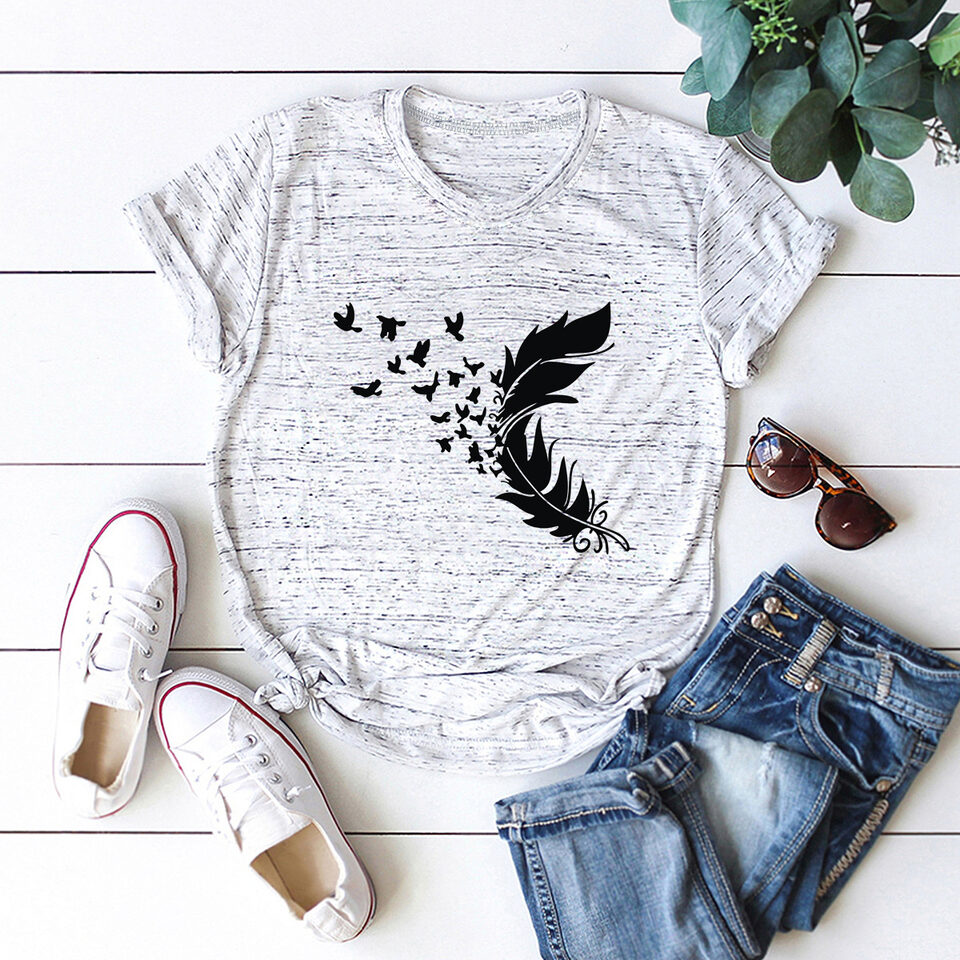Summer Plus Size Women Clothing New Feather Print