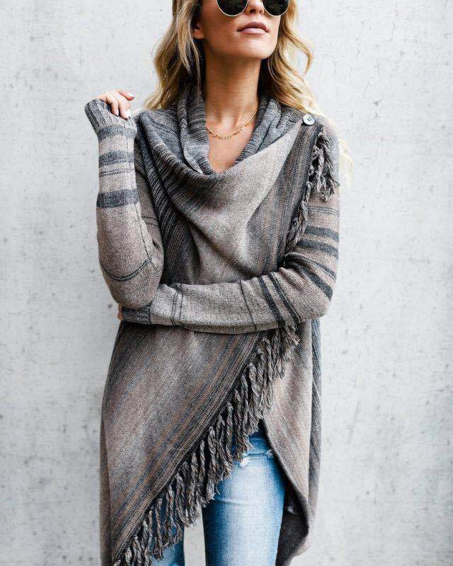Autumn And Winter Medium Length Slim Fringe Striped