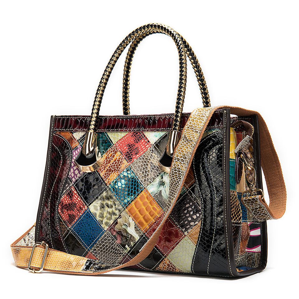 Contrast leather cowhide patent bag
