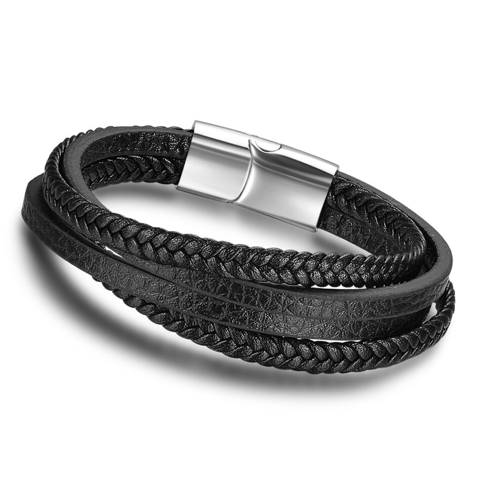 Bracelets & Bangles Men Stainless Steel Leather Braided
