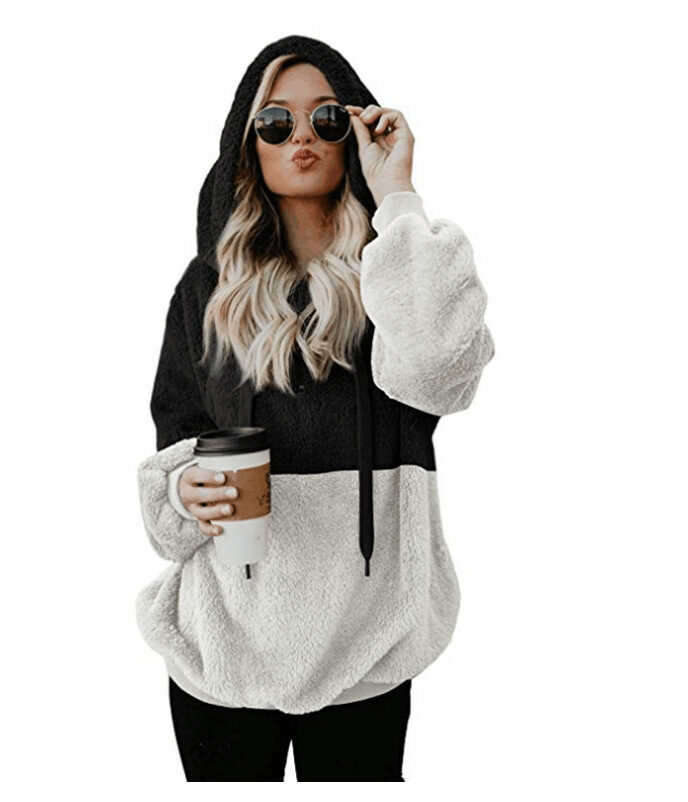 Women Casual Plush Hoodies Zipper Patchwork Hooded Drawstring