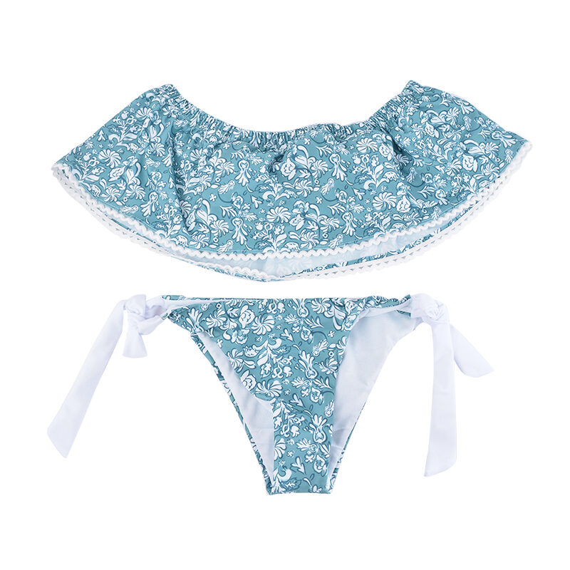Light Blue Floral Pattern Strapless Off Shoulder Women