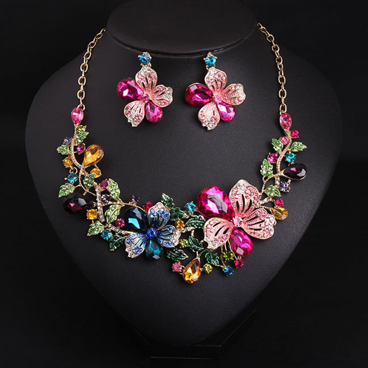 Colorful Flower Crystal Diamond Short Clavicle Necklace Earring