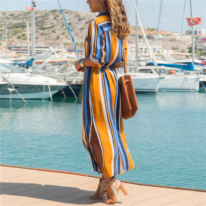 Stripe Shirt Women's Dress Spring Summer Chiffon V-neck
