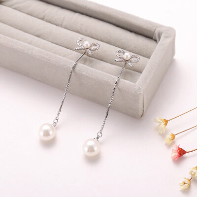Sterling Silver Needle Bow Earrings Long Pendant Pearl