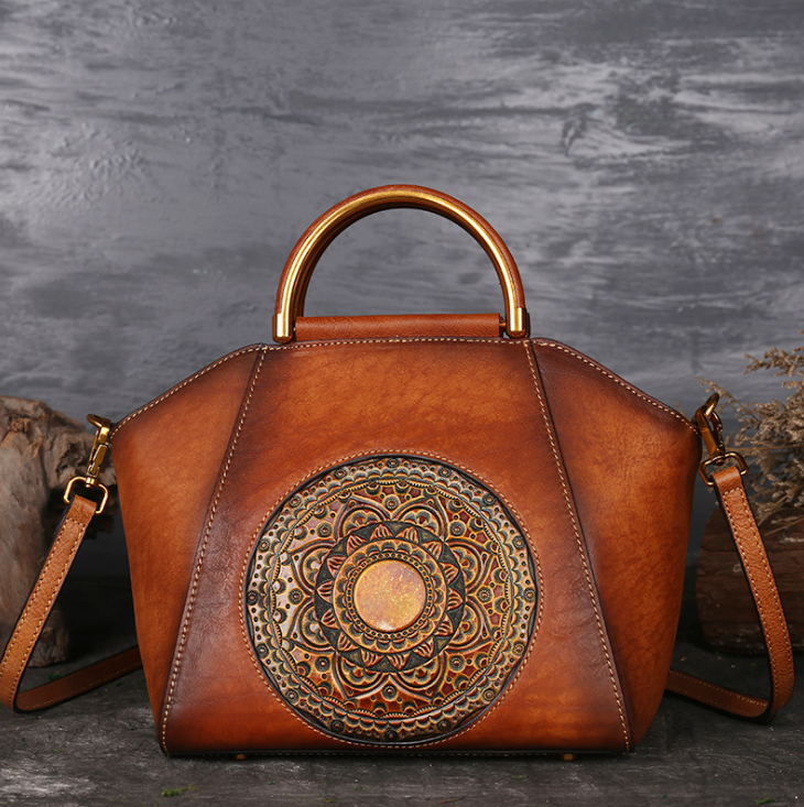 Genuine Embossed Leather Messenger Top Handle Bag Retro