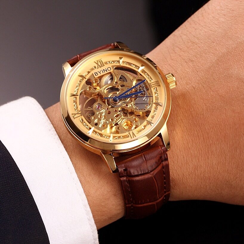 Authentic Mens Casual Leather Hollowing Automatic Mechanical Watches