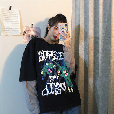 Spring sports fake two-piece hedging cartoon T-shirt women