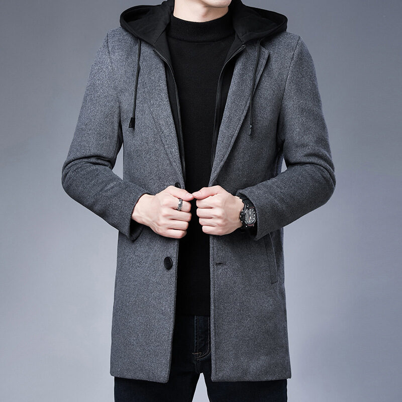 Mens Detachable Hooded Woolen Winter Coat Jacket Mid-Length