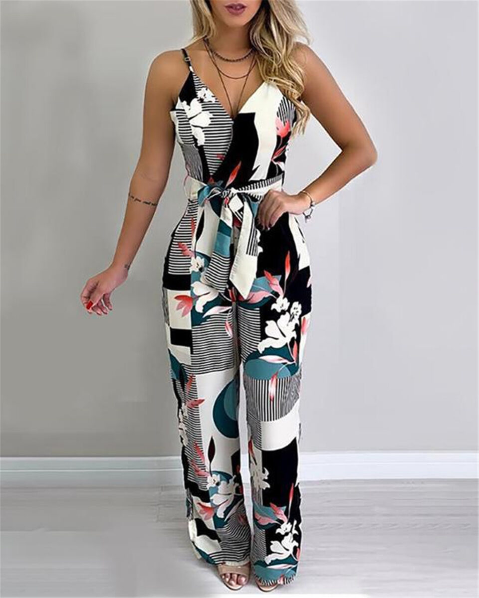 Printed jumpsuit suspenders wide-leg