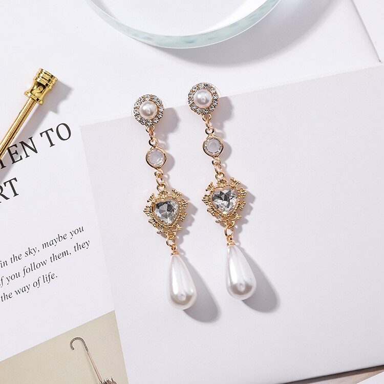 Pearl Earrings Love Rhinestones Long Women