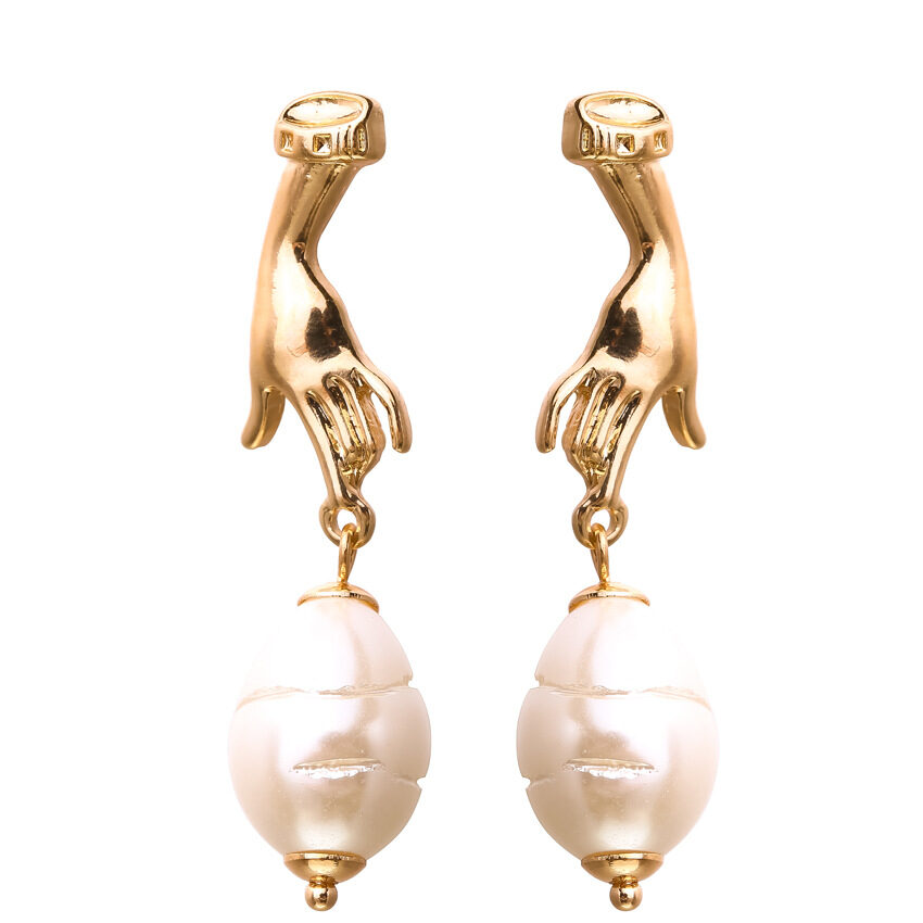 Abstract Cutout Hand Palm Pearl Dangle Earrings Gold