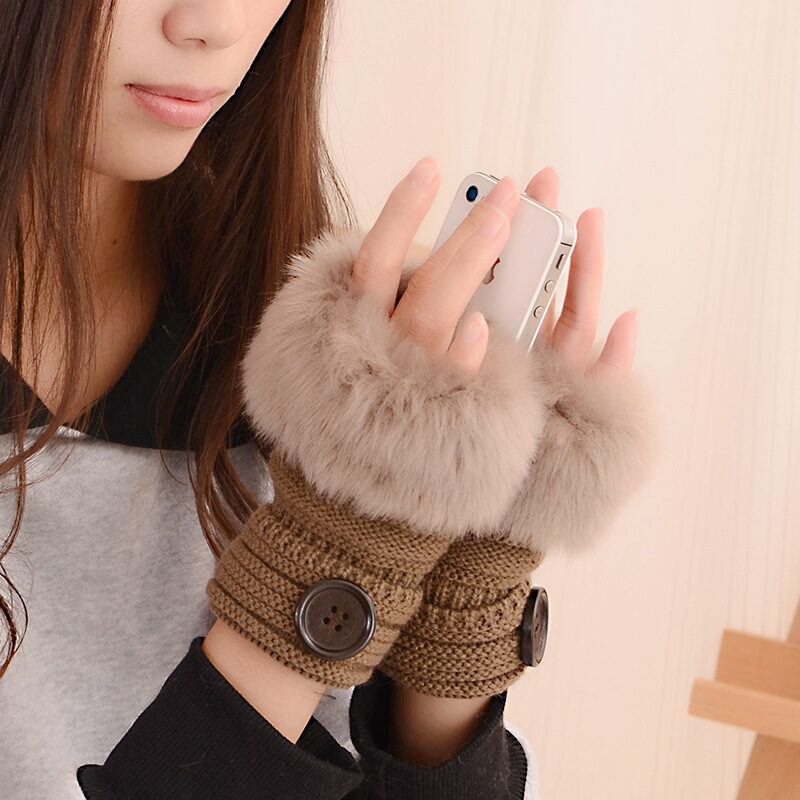Faux rabbit fur warm fingerless wool winter knitted