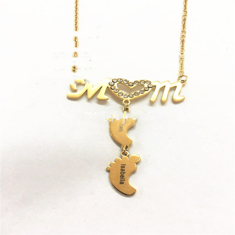Personalized Inlay MOM Necklace with Baby Feet Name