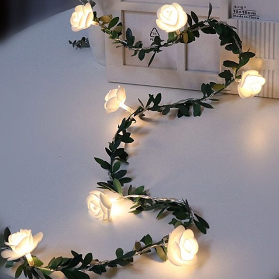 Rose Flower Vine String LED Lights Decoration Green