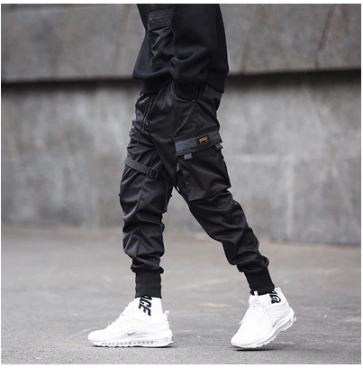 Men Black Hip Hop Cargo Pants Elastic Waist
