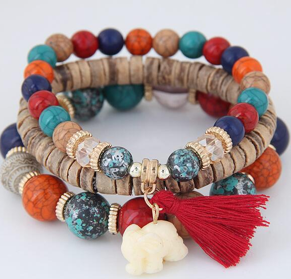 Baby Elephant Tassel Wood Beads Beaded Multi-Layer Temperament