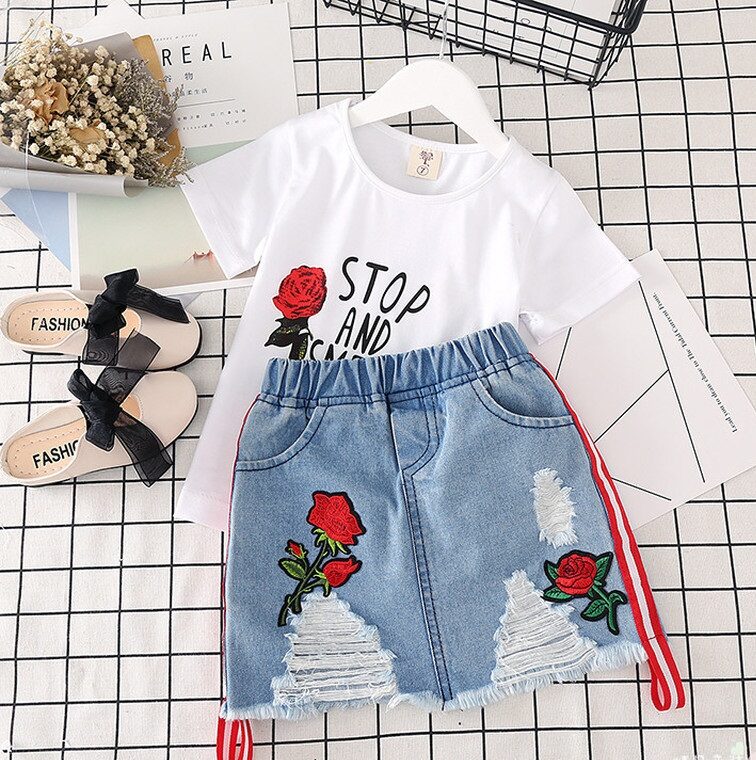 Kids Clothes White T-shirt Denim Skirt 2pcs Girls