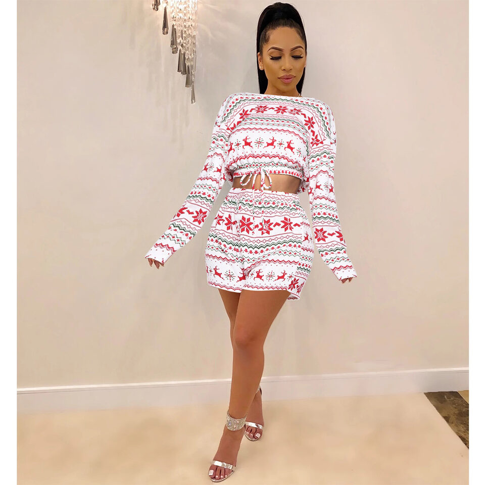 Women Christmas Pajama Sets Long Sleeve Crop Top