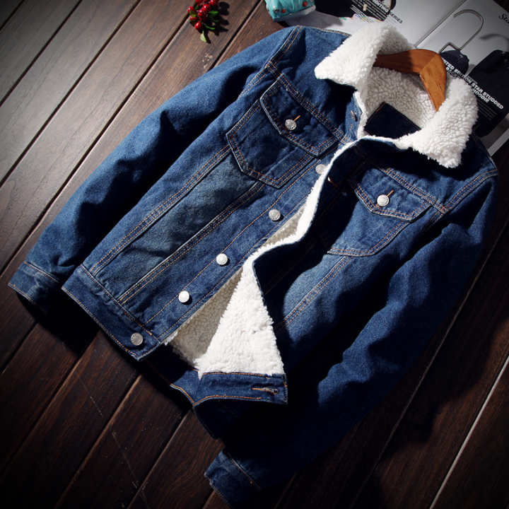 Denim Bomber Jacket with Fur Men Black Fashion
