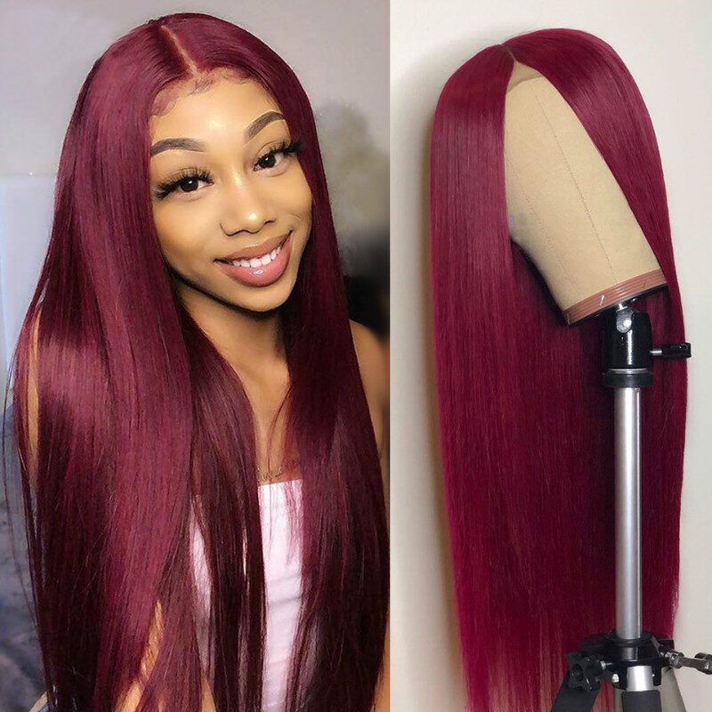 Wig Female Long Straight Hair Wine Red Europe