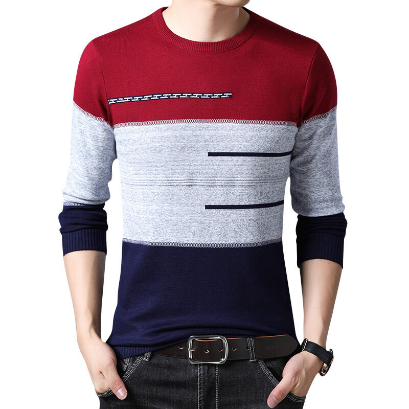 Winter Pullover Men Round Collar Striped Cotton Sweaters
