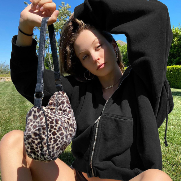Brown Y2K Aesthetic Hoodies Women Zip Up Sweatshirt